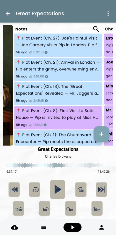 AI-generated plot event notes and bookmarks list